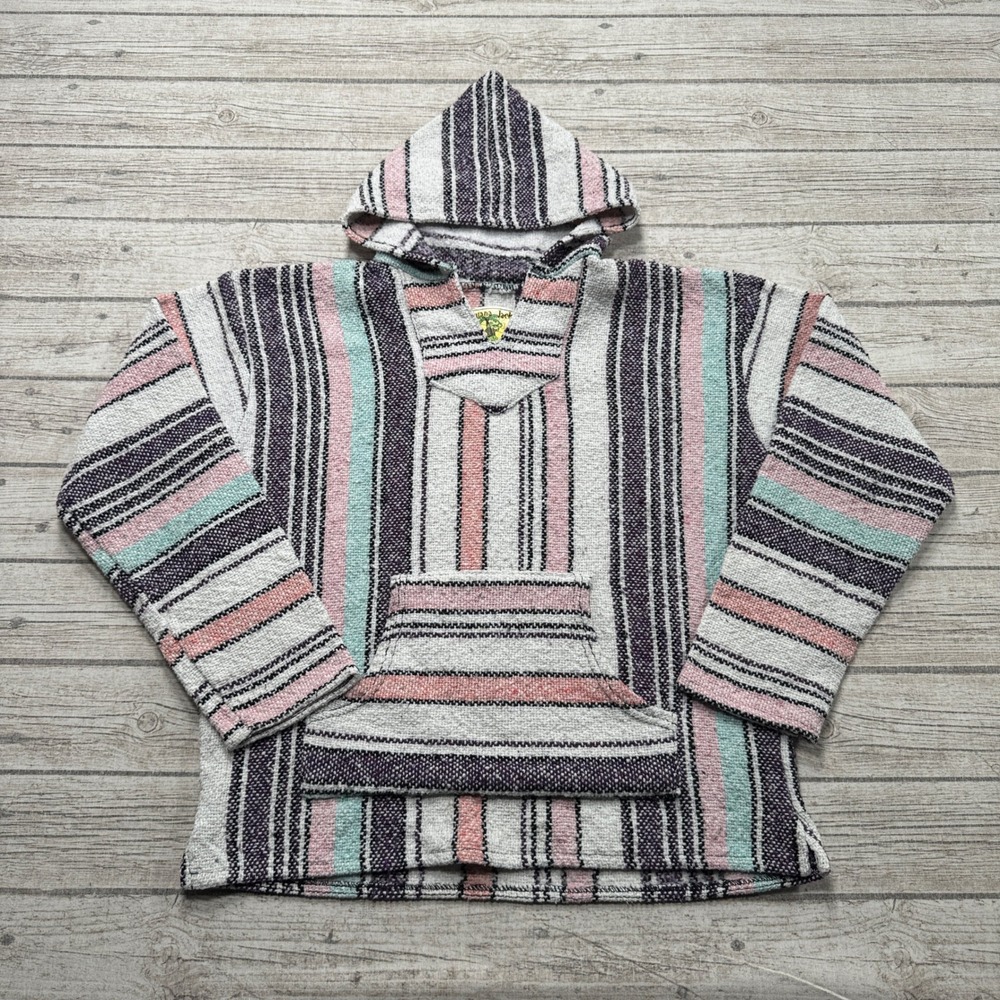 Iguana Jack Baja Hoodie Men's Large Multi Color Striped Woven Pullover Mexican
